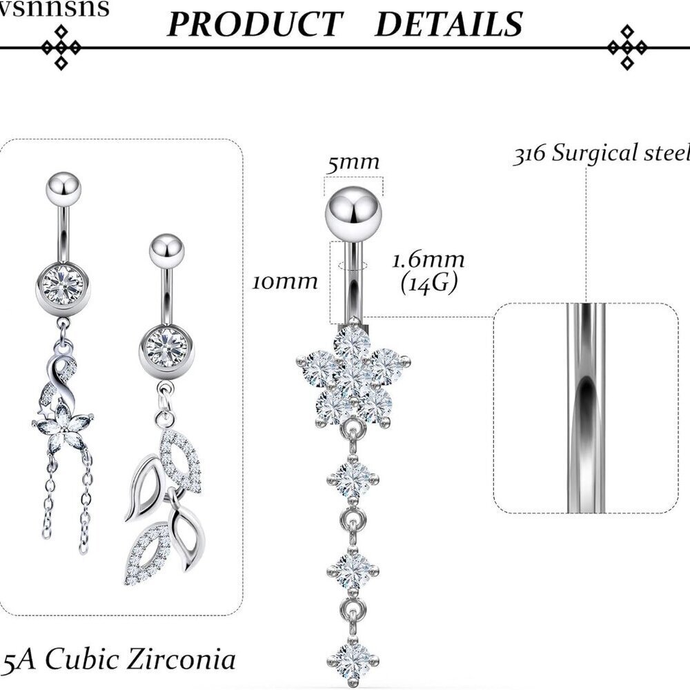14G Belly Button Ring Jewelry Set 7 Pieces Dangle Cubic Zirconia Stainless Steel - Picture 3 of 6